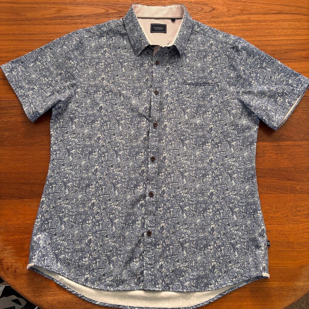 7 Diamonds Men's 4 way Stretch Blue Floral Short sleeve Button Down Shirt Large